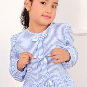 BLUSA LISTADA CON LASITOS EN PECHERA Y FALDON RECOGIDO